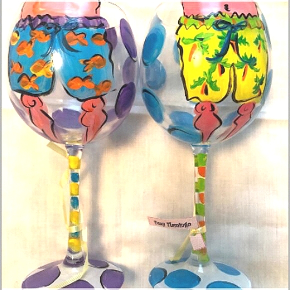💜NWT Foxy Flamingo Hand Painted Polka Dot Goofy Wine Glasses🩵 - Picture 2 of 7